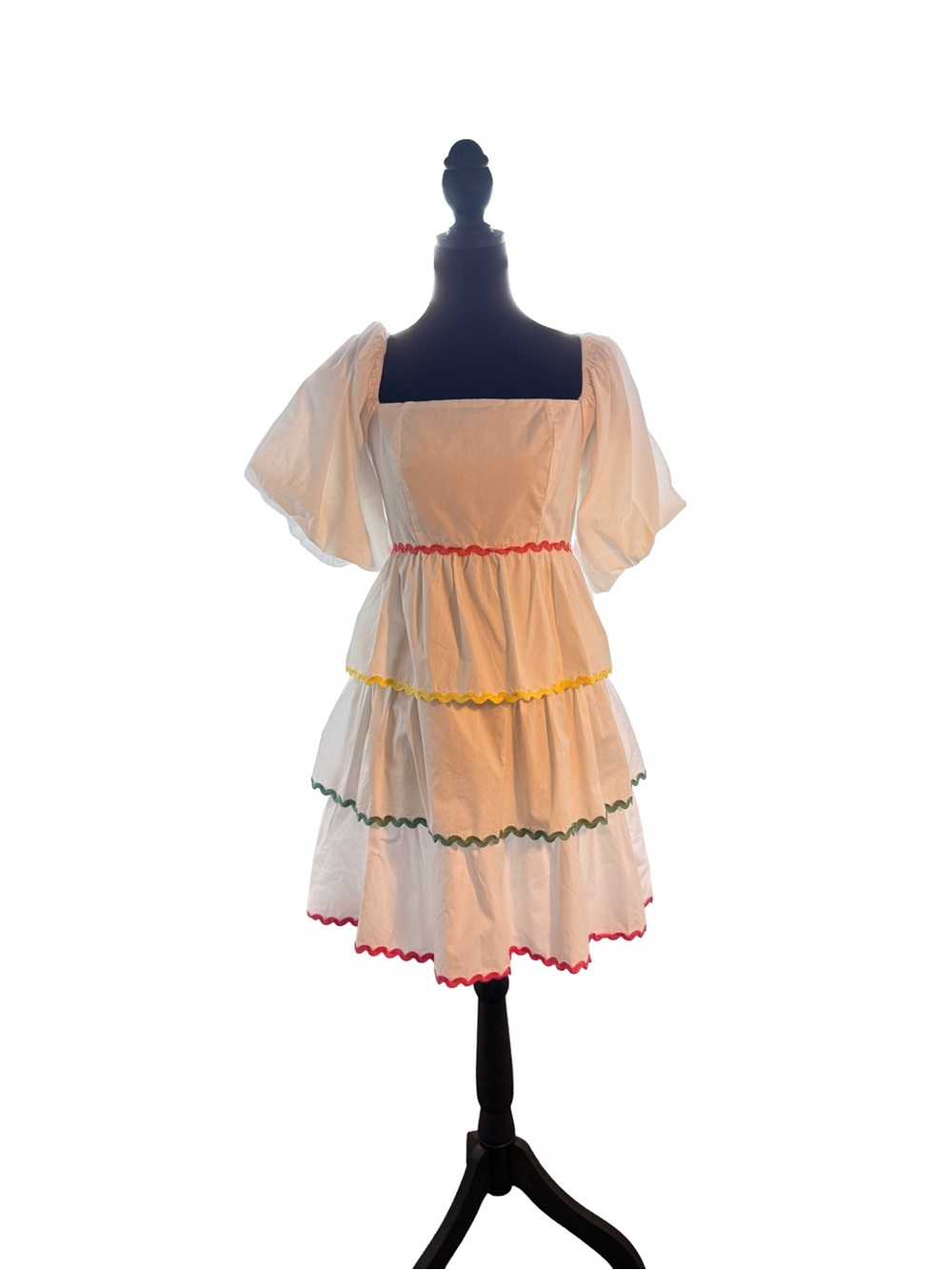 Peach Love California White Tiered Mini Dress Puff Sleeve Ric Rac Trim Size M